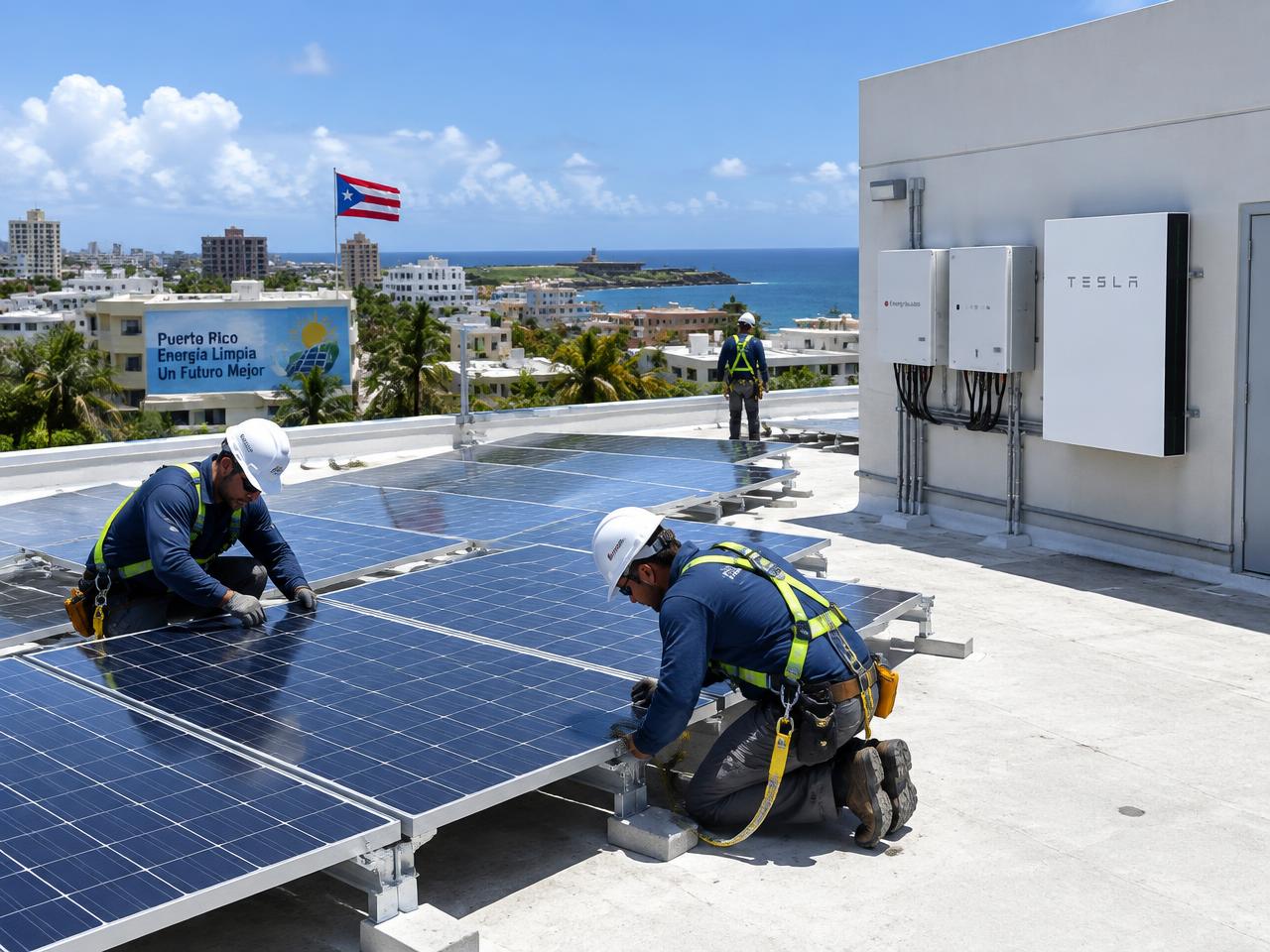 Técnicos instalando placas solares y baterías en un techo comercial en Puerto Rico