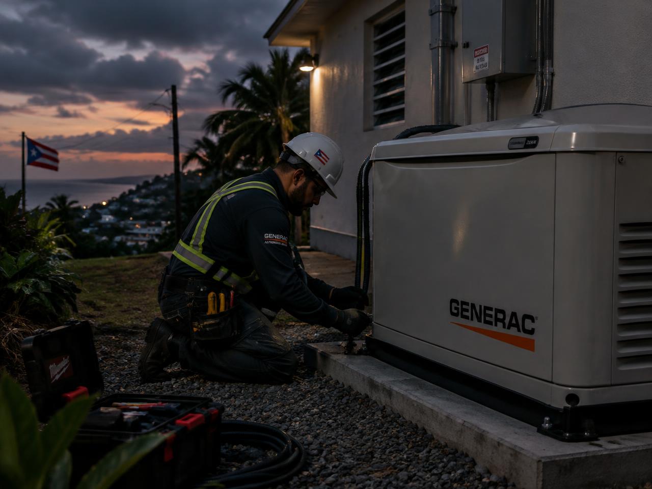 Técnico instalando una planta eléctrica junto a una casa en Puerto Rico